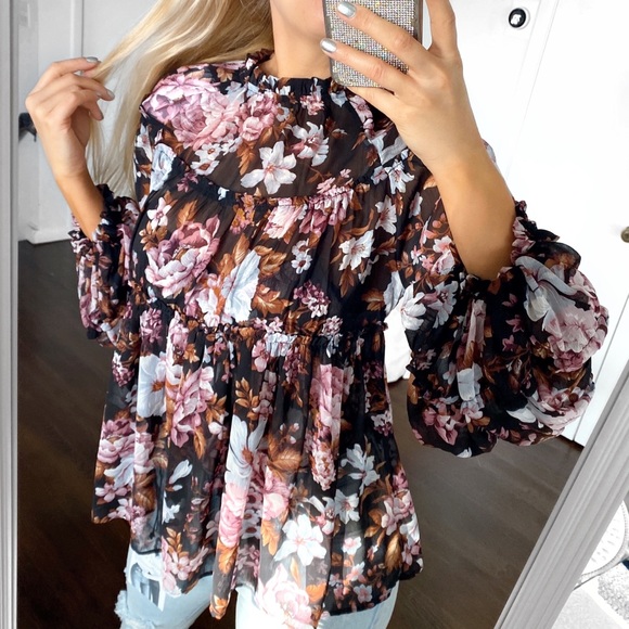 🍂 O.P.T ANTHROPOLOGY BOHO FLORAL 2-in-1 BLACK RUST RUFFLE BAGGY LONG SLEEVE TOP - Picture 8 of 16
